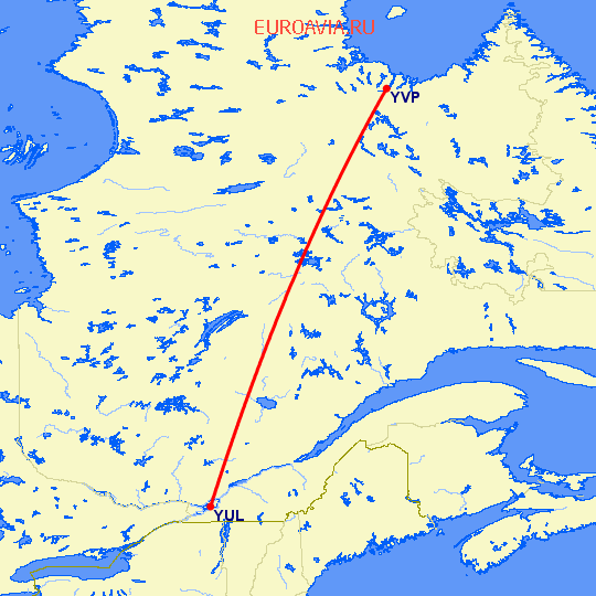перелет Монреаль — Kuujjuaq на карте