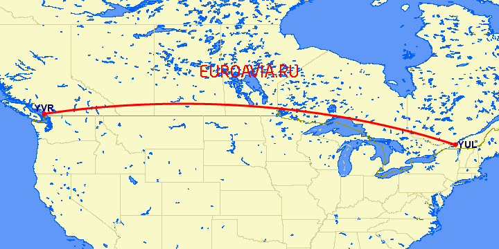 перелет Монреаль — Ванкувер на карте
