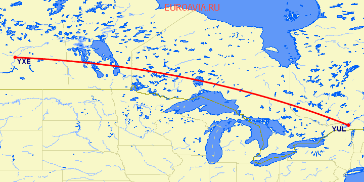 перелет Монреаль — Саскатун на карте