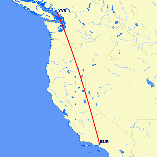 перелет Ванкувер — Бурбанк на карте