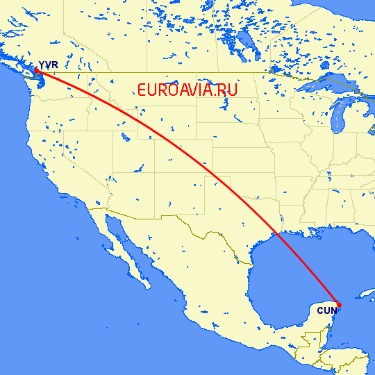 перелет Ванкувер — Канкун на карте