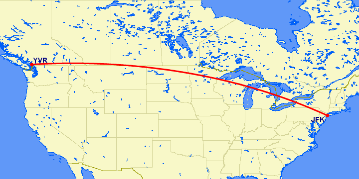 перелет Ванкувер — Нью Йорк на карте