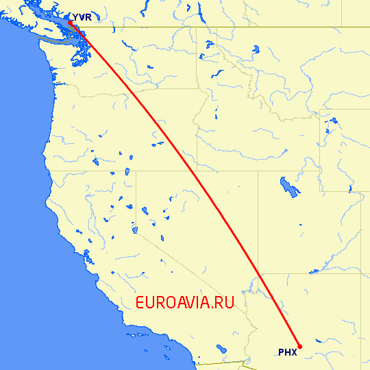 перелет Ванкувер — Феникс на карте