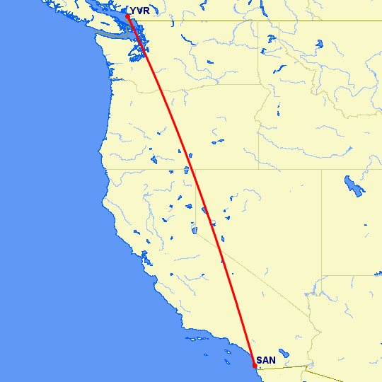 перелет Ванкувер — Сан Диего на карте