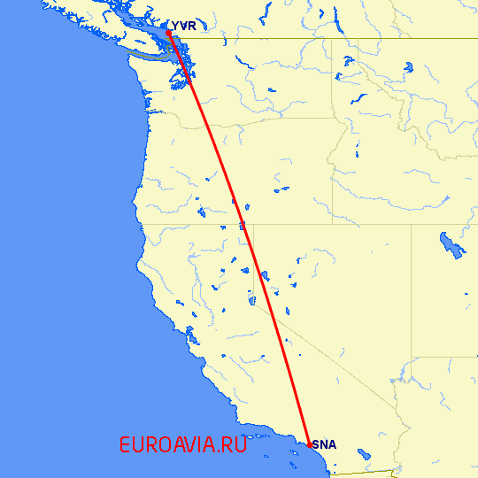 перелет Ванкувер — Санта Ана на карте