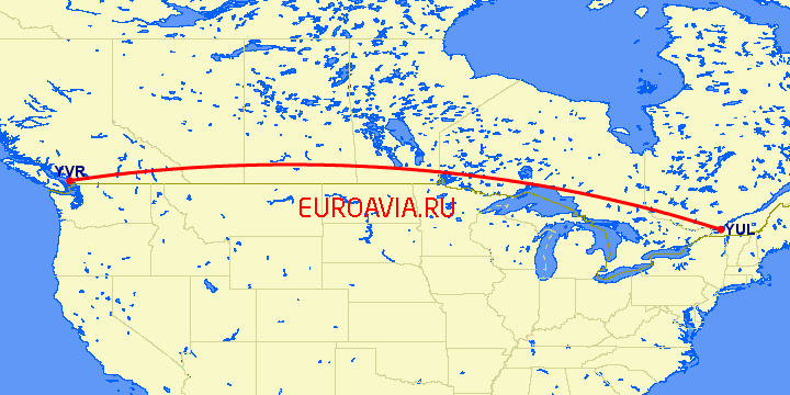 перелет Ванкувер — Монреаль на карте