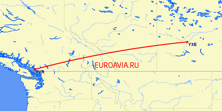 перелет Ванкувер — Саскатун на карте