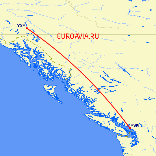 перелет Ванкувер — Уайтхорс на карте