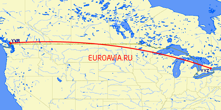 перелет Ванкувер — Торонто на карте