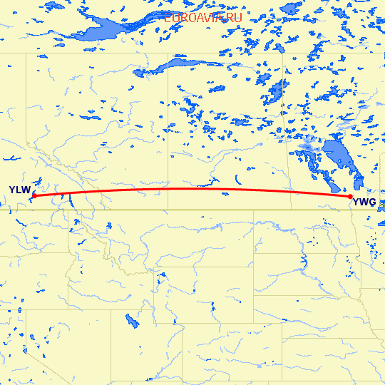 перелет Виннипег — Kelowna на карте