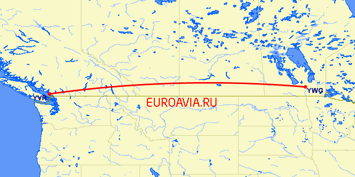 перелет Виннипег — Ванкувер на карте