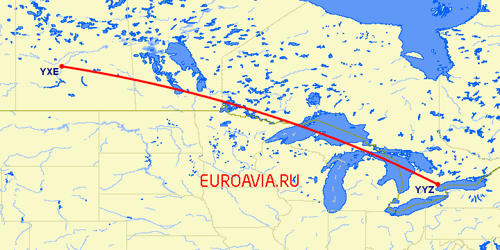перелет Саскатун — Торонто на карте