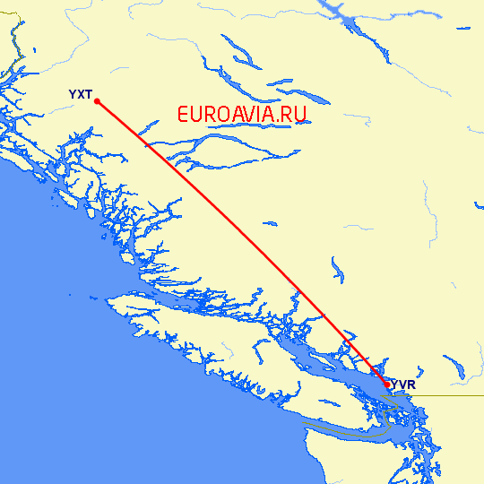 перелет Terrace — Ванкувер на карте