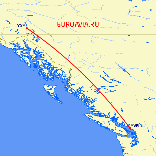 перелет Уайтхорс — Ванкувер на карте