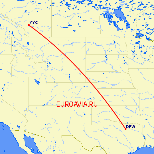 перелет Калгари — Даллас на карте