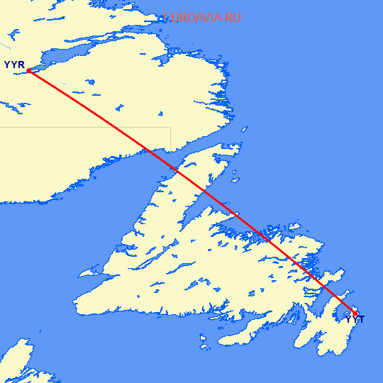 перелет St. Johns — Goose Bay на карте