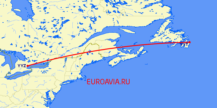 перелет St. Johns — Торонто на карте