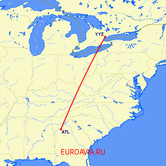 перелет Торонто — Атланта на карте