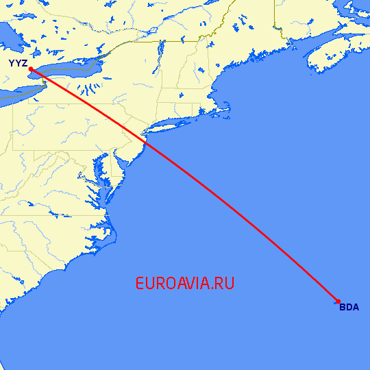 перелет Торонто — Бермуда на карте