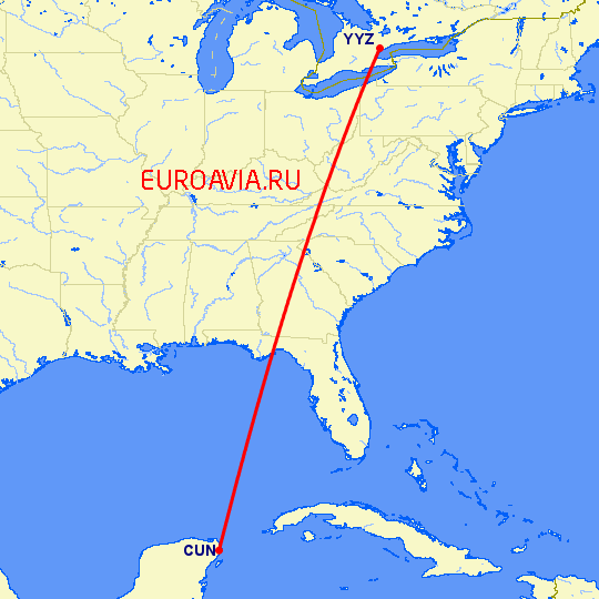 перелет Торонто — Канкун на карте