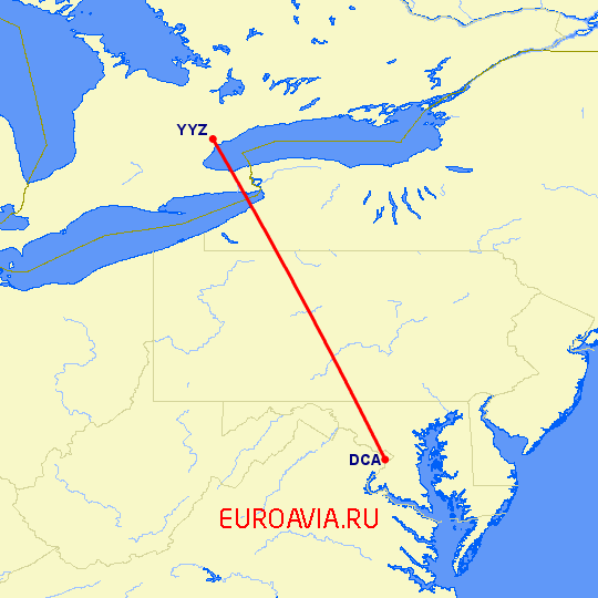 перелет Торонто — Вашингтон на карте