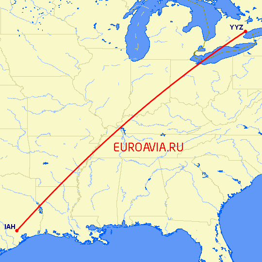 перелет Торонто — Хьюстон на карте