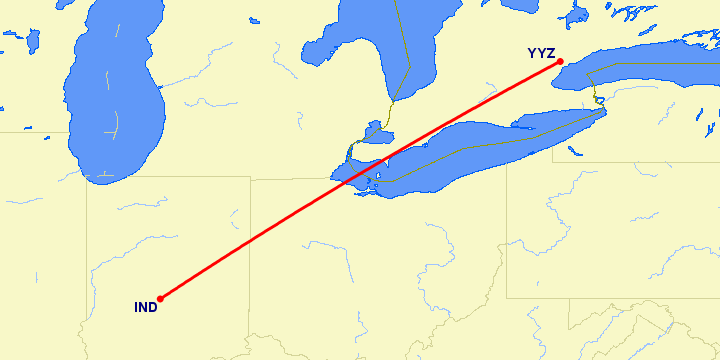 перелет Торонто — Индианаполис на карте