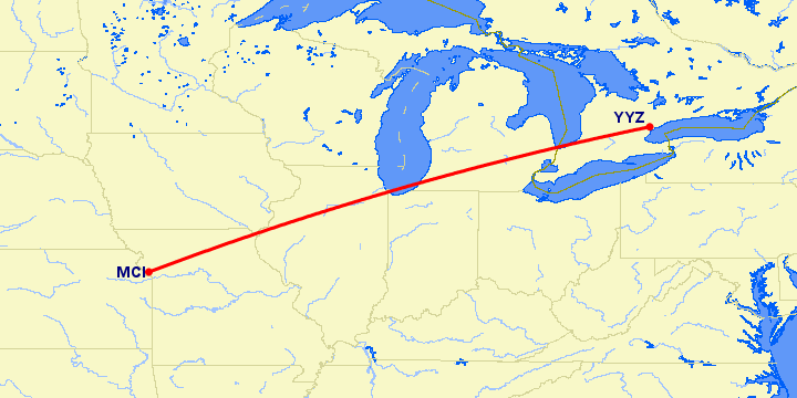 перелет Торонто — Канзас Сити на карте