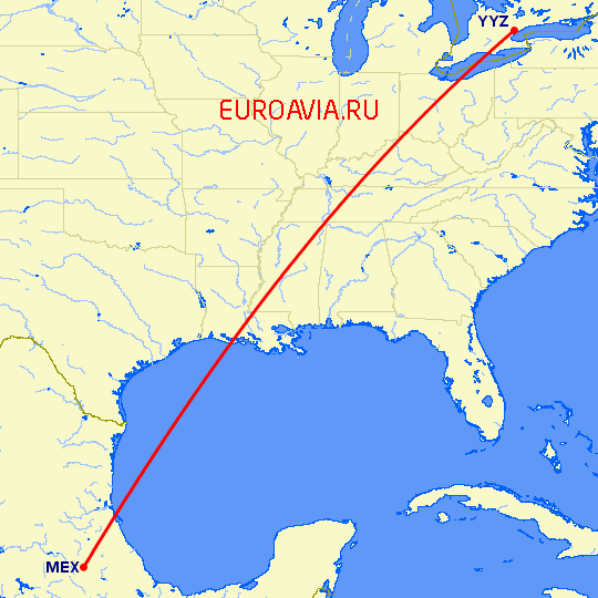 перелет Торонто — Мексико Сити на карте