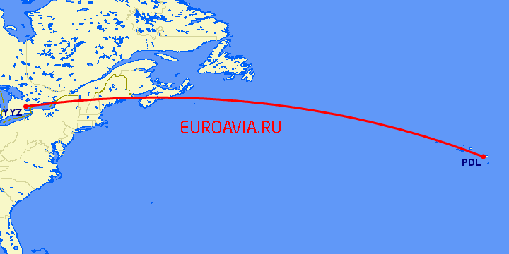 перелет Торонто — Ponta Delgada на карте