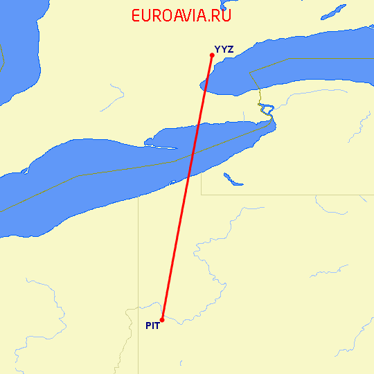 перелет Торонто — Питтсбург на карте