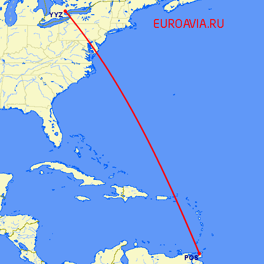 перелет Торонто — Port Of Spain на карте