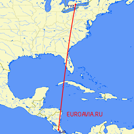 перелет Торонто — Сан Хосе на карте