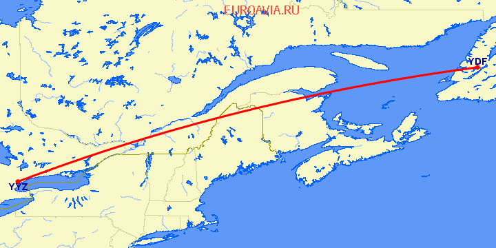 перелет Торонто — Deer Lake на карте