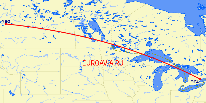 перелет Торонто — Эдмонтон на карте