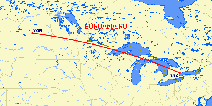 перелет Торонто — Реджайна на карте