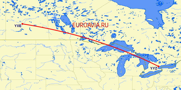 перелет Торонто — Саскатун на карте