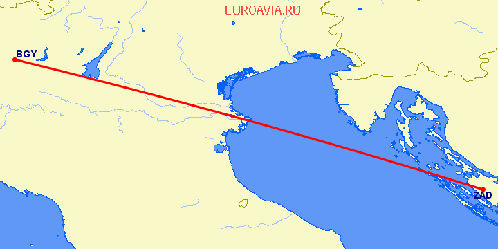 перелет Задар — Бергамо на карте