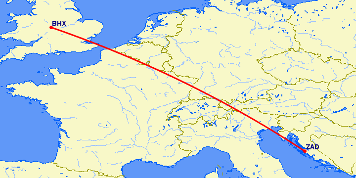перелет Задар — Бирмингем на карте