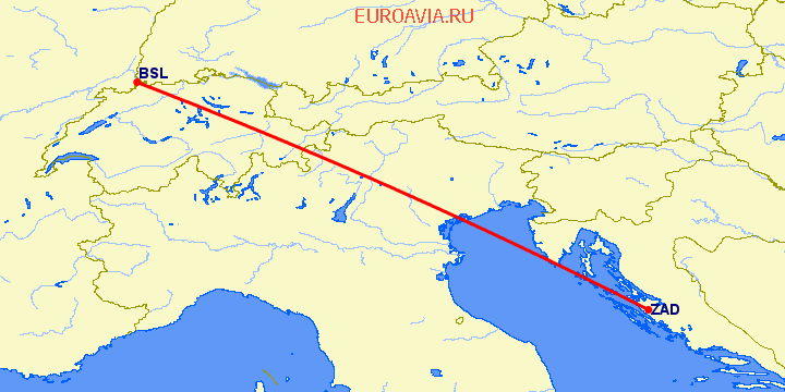 перелет Задар — Базель-Мюлуз на карте