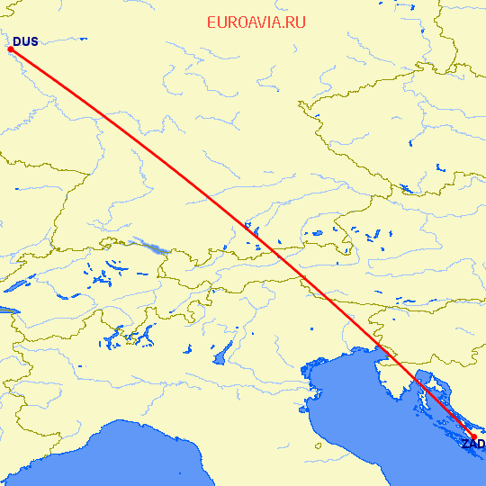 перелет Задар — Дюссельдорф на карте