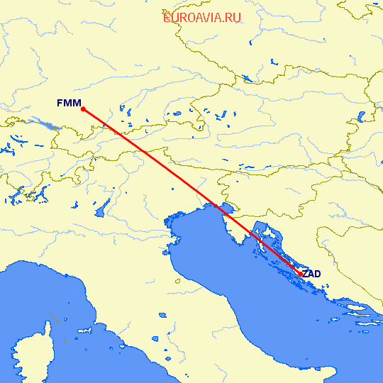 перелет Задар — Мемминген на карте