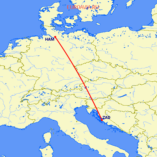 перелет Задар — Гамбург на карте
