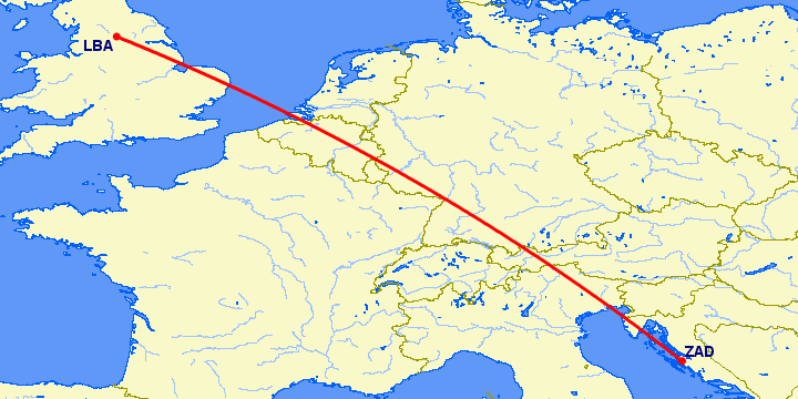 перелет Задар — Лидс на карте