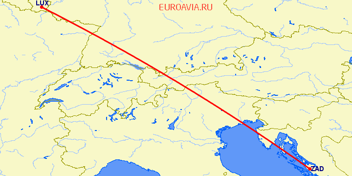 перелет Задар — Люксембург на карте