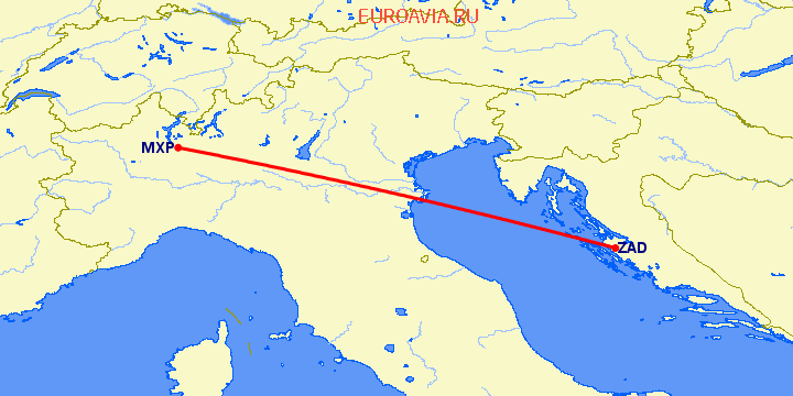 перелет Задар — Милан на карте