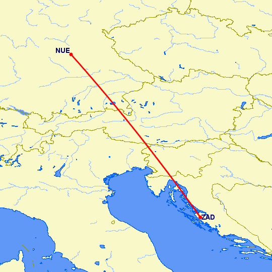 перелет Задар — Нюремберг на карте