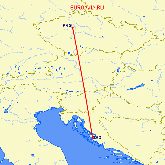 перелет Задар — Прага на карте