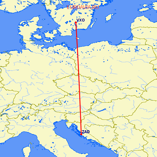 перелет Задар — Vaxjo на карте