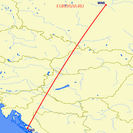 перелет Задар — Варшава на карте
